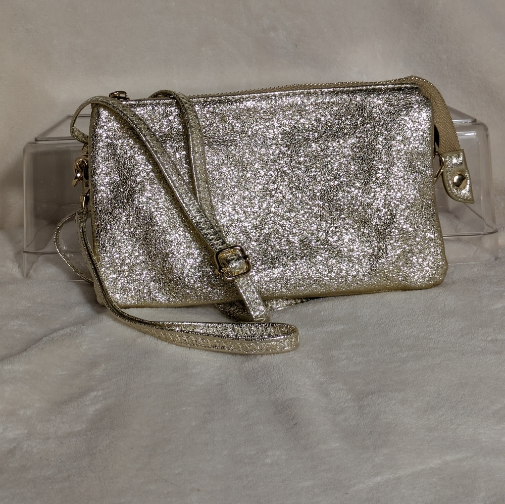 B Brentano Glittery Gold Crossbody/Clutch Bag‎ Multiple Pockets Event Holiday